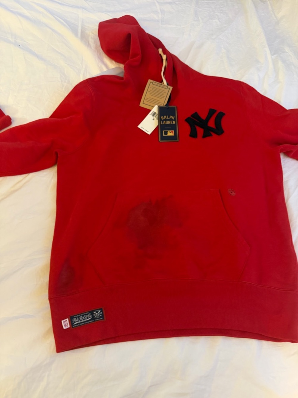 NWT!!! STAINED!!!
Ralph Lauren Red Crewneck Hoodie with Black NY Patch
